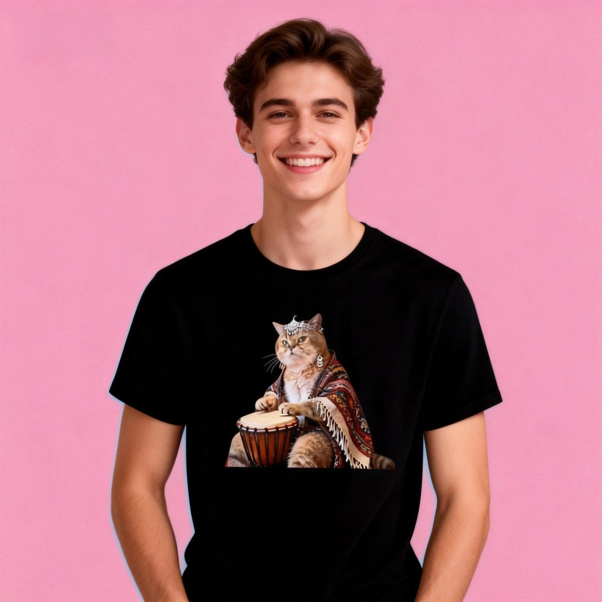 Man wearing Sunny Brand drum cat t-shirt, unisex heavy cotton tee with cool drum cat graphic