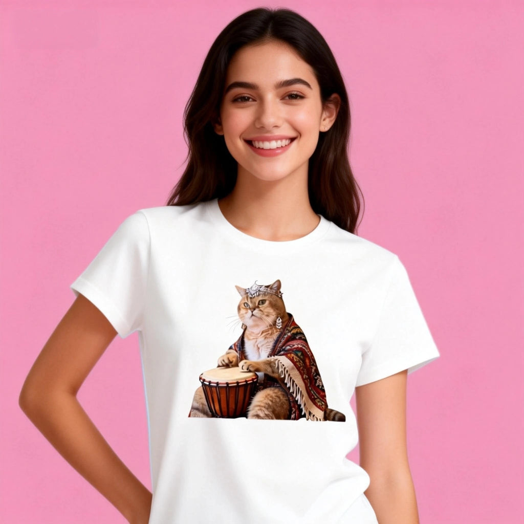 Woman wearing Sunny Brand drum cat t-shirt, casual music outfit with drum cat graphic