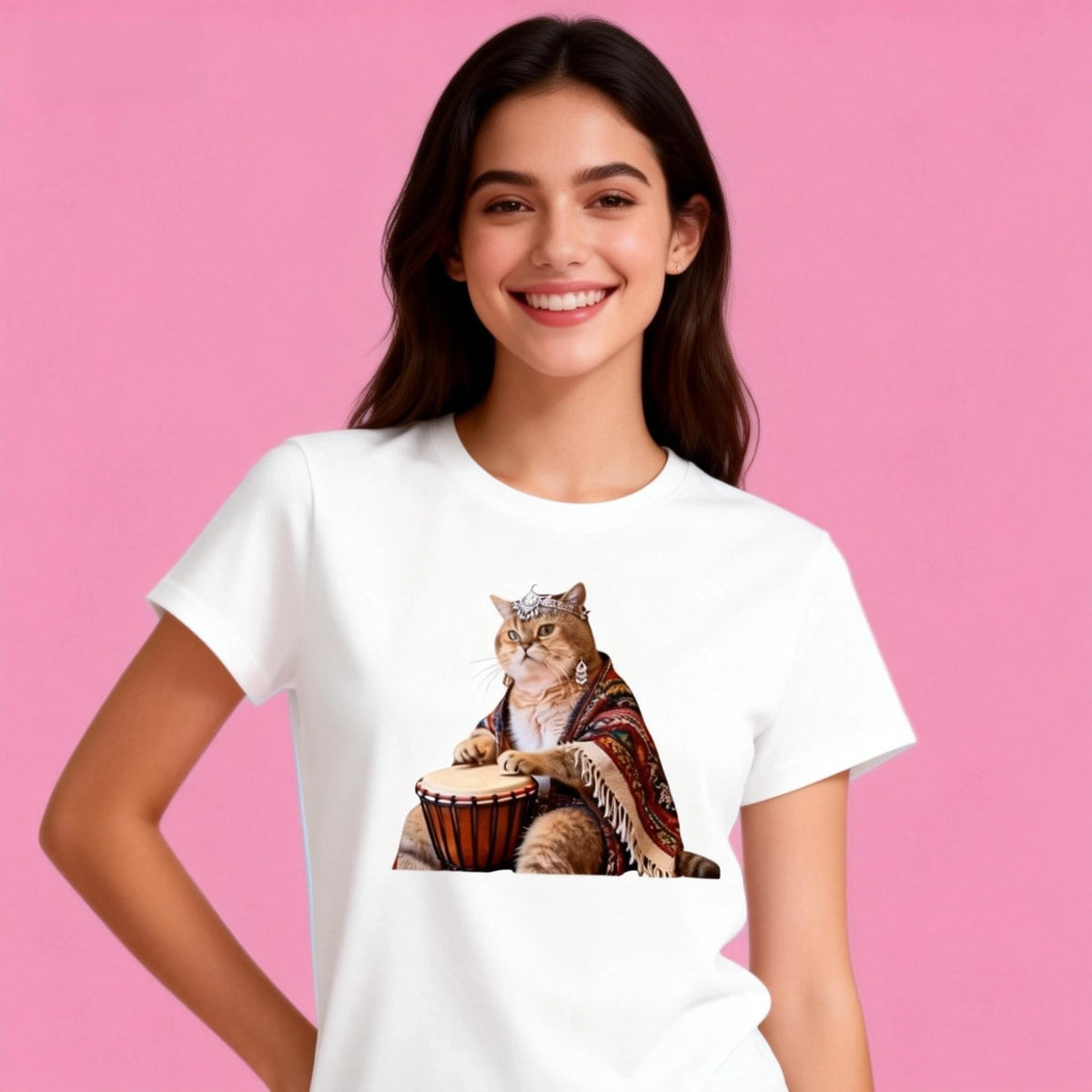 Woman wearing Sunny Brand drum cat t-shirt, casual music outfit with drum cat graphic