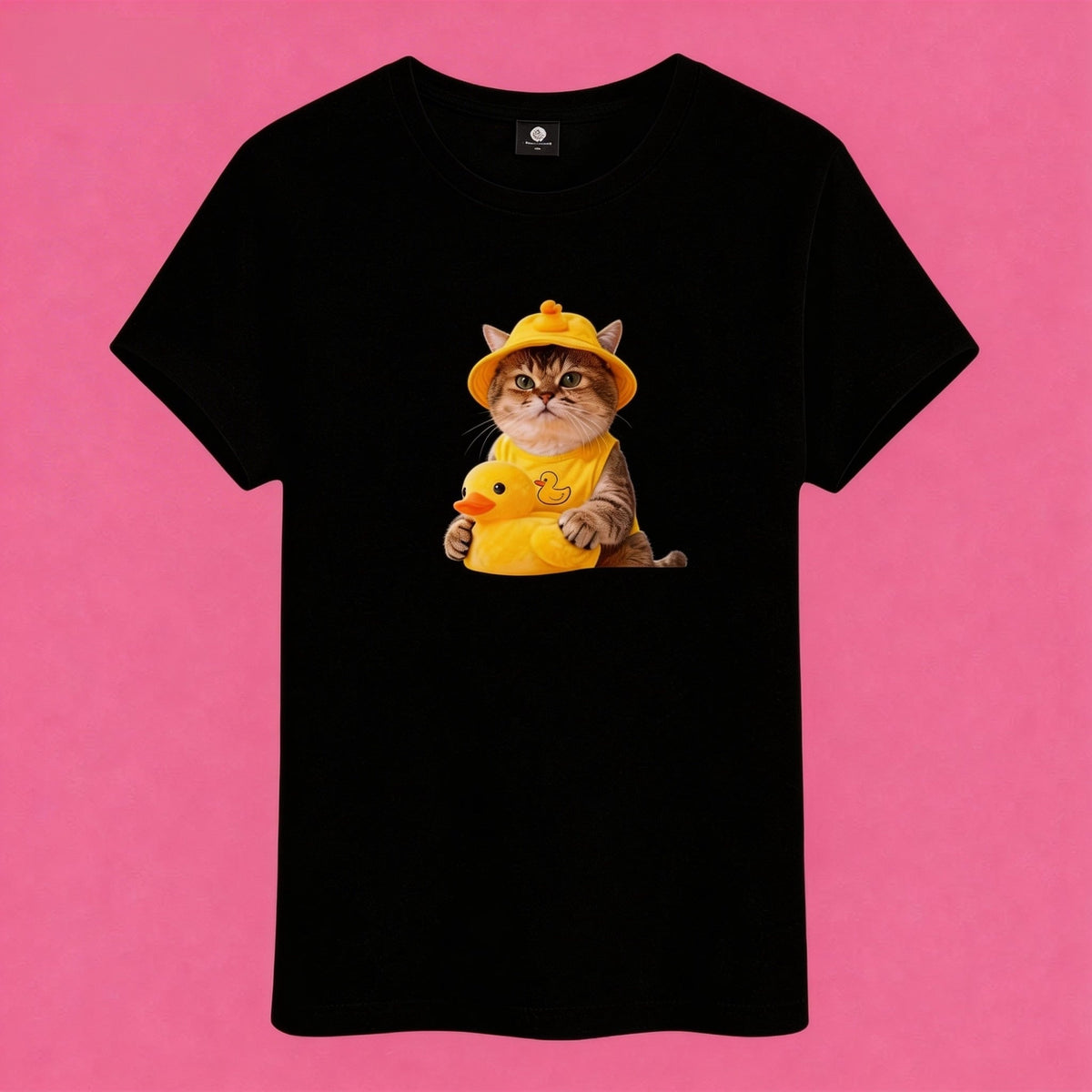 Sunny Brand t-shirt detail, print of cute cat with yellow duck hat graphic