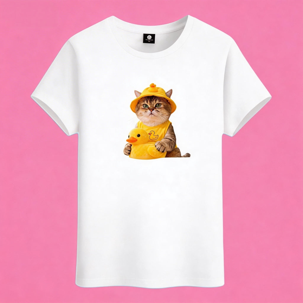 Sunny Brand duck hat cat t-shirt, front view of cat in yellow duck outfit printed on premium cotton tee