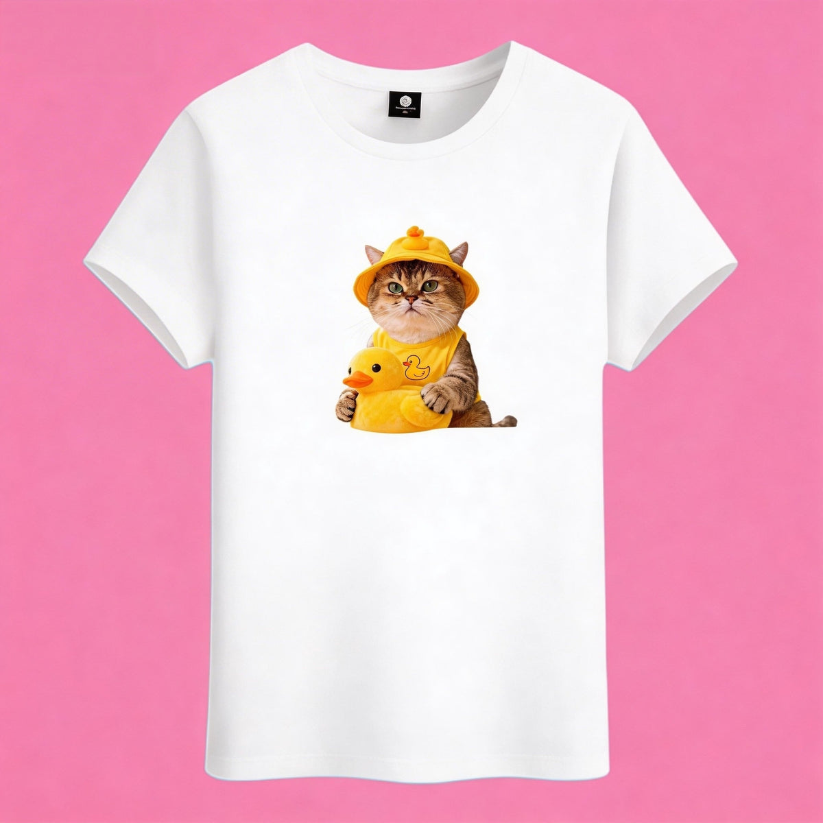 Sunny Brand duck hat cat t-shirt, front view of cat in yellow duck outfit printed on premium cotton tee