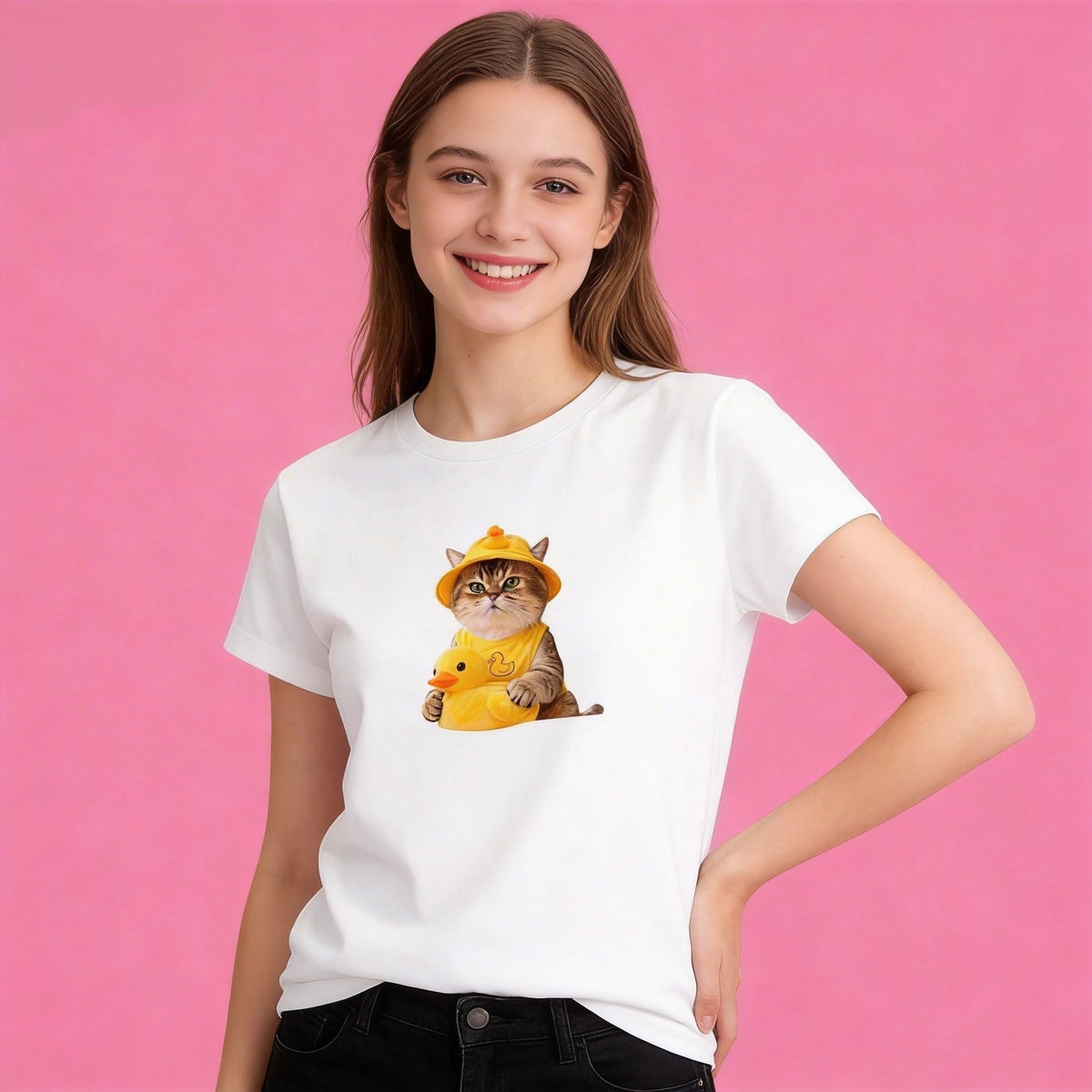 Woman wearing Sunny Brand duck hat cat t-shirt, cute outfit with lovely cat and duck design