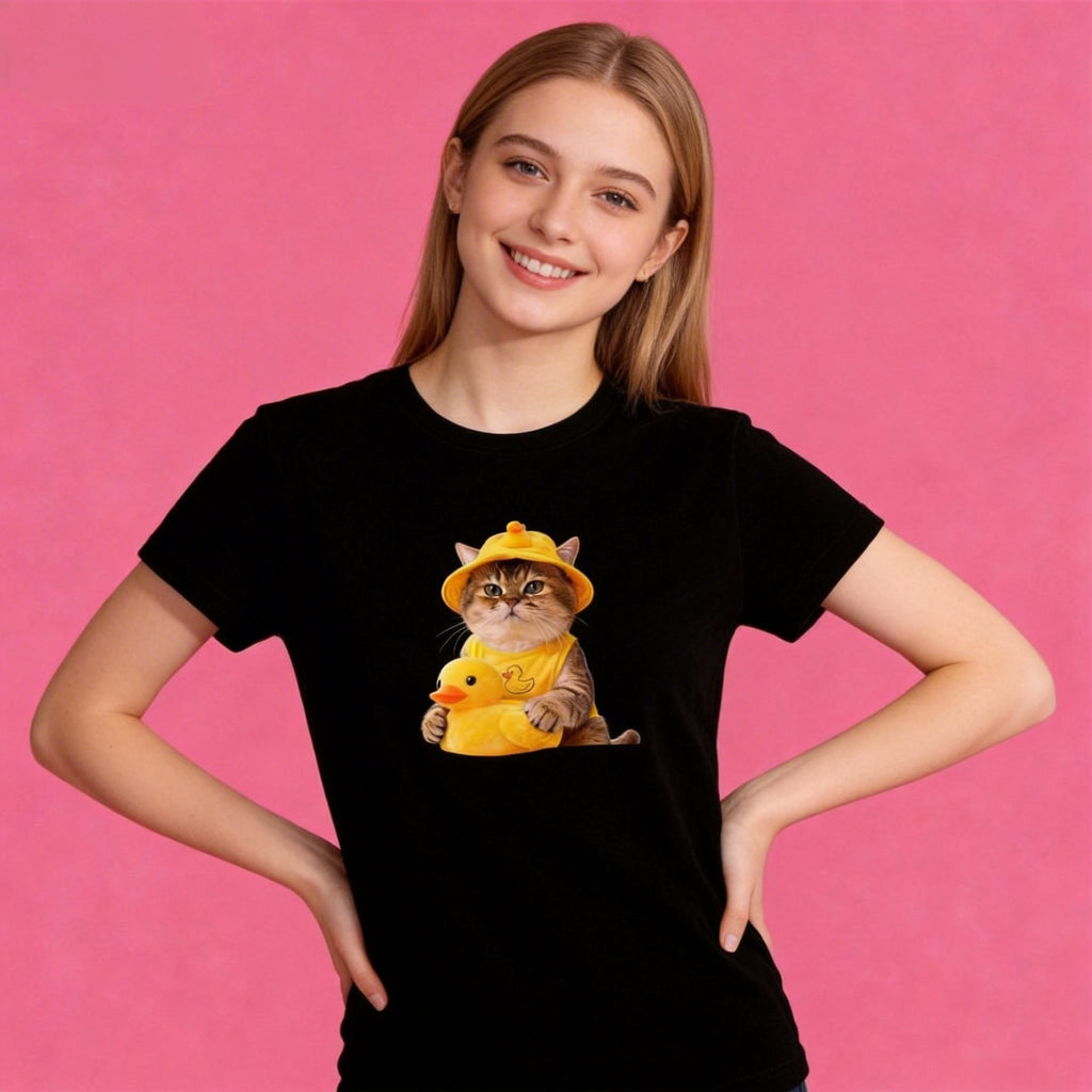 woman wearing Sunny Brand duck hat cat t-shirt, unisex premium cotton tee with cute cat graphic