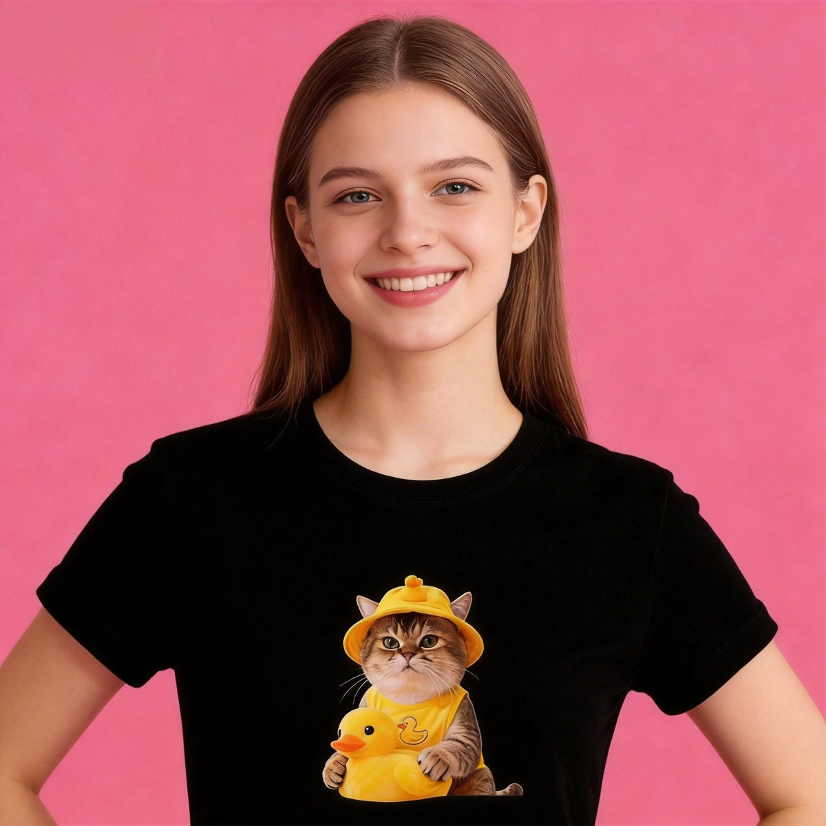 Female model in Sunny Brand cute duck cat t-shirt, lovely casual street wear
