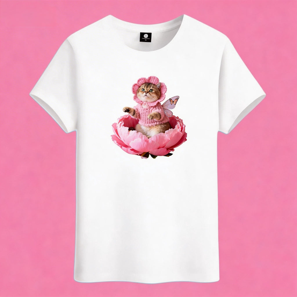 Sunny Brand floral fairy cat t-shirt, front view of fairy cat in blooming pink peony print on cotton tee