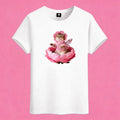 Sunny Brand floral fairy cat t-shirt, front view of fairy cat in blooming pink peony print on cotton tee