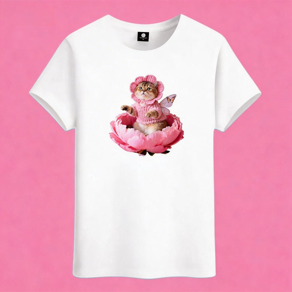 Sunny Brand floral fairy cat t-shirt, front view of fairy cat in blooming pink peony print on cotton tee
