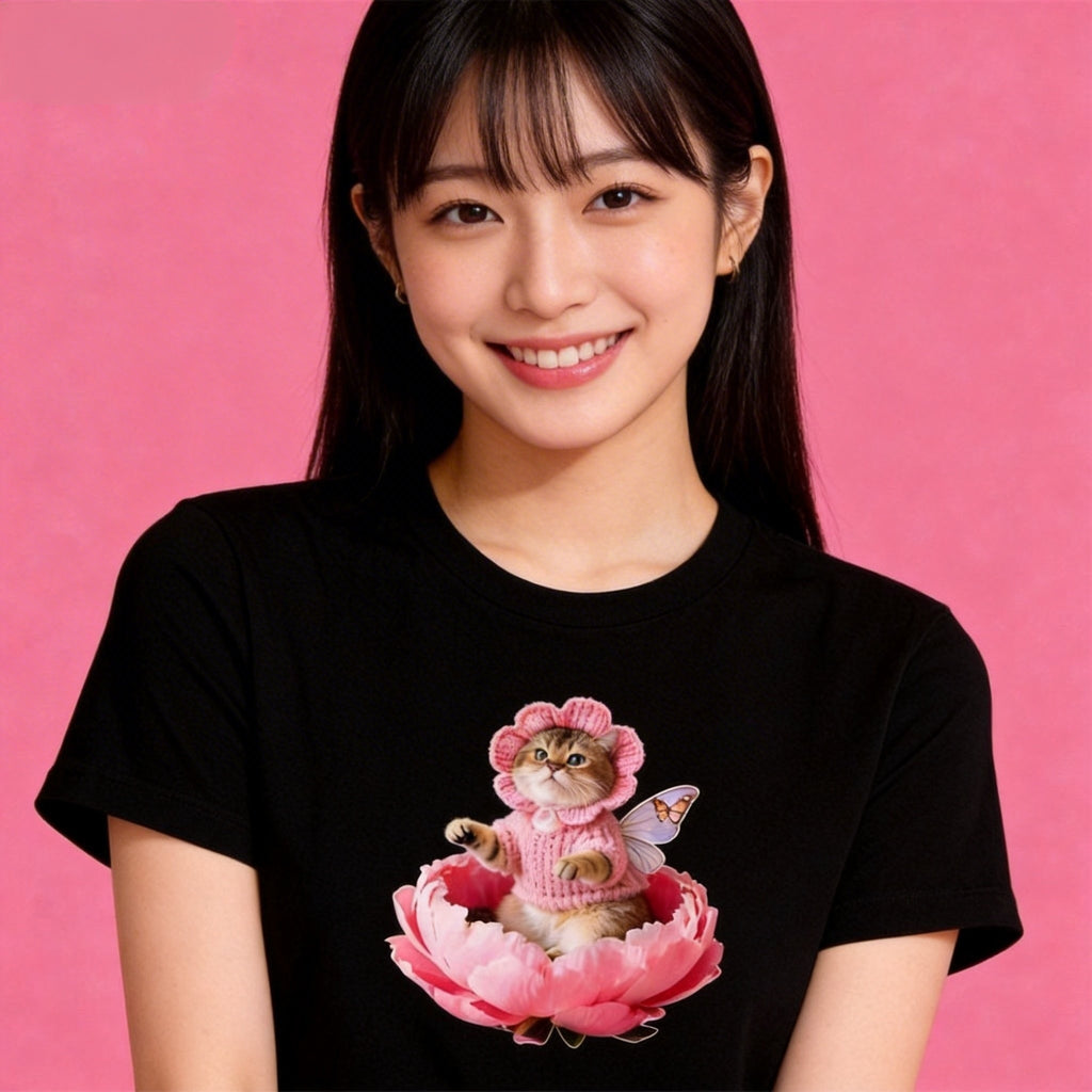 Woman wearing Sunny Brand floral fairy cat t-shirt, elegant casual look with pink peony cat graphic