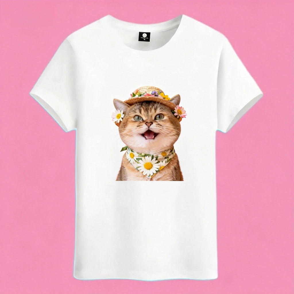 Sunny Brand flower hat cat t-shirt, front view of happy daisy cat print