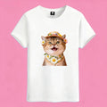 Sunny Brand flower hat cat t-shirt, front view of happy daisy cat print