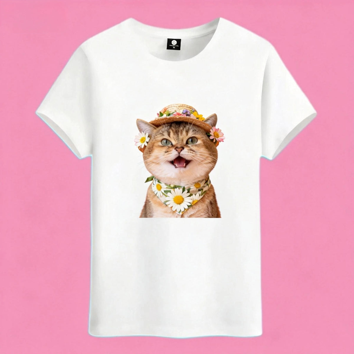 Sunny Brand flower hat cat t-shirt, front view of happy daisy cat print