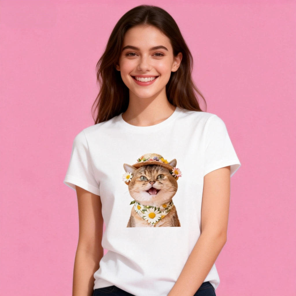Woman wearing Sunny Brand flower hat cat t-shirt, summer cute cat casual wear