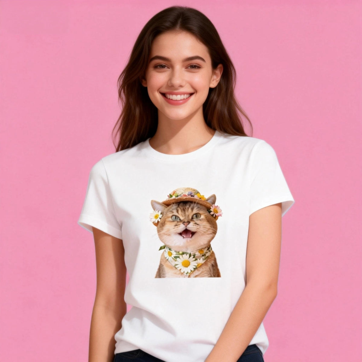 Woman wearing Sunny Brand flower hat cat t-shirt, summer cute cat casual wear
