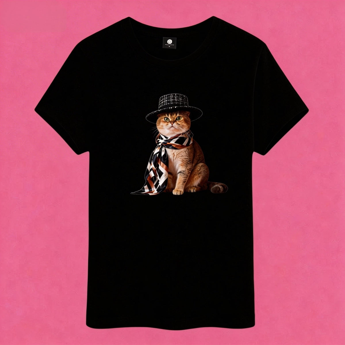 Sunny Brand t-shirt detail, close-up of bold gangster cat graphic with tattoo
