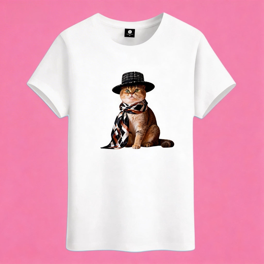 Sunny Brand gangster cat t-shirt, front view of cool cat with hat and scarf printed on cotton tee