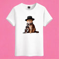 Sunny Brand gangster cat t-shirt, front view of cool cat with hat and scarf printed on cotton tee
