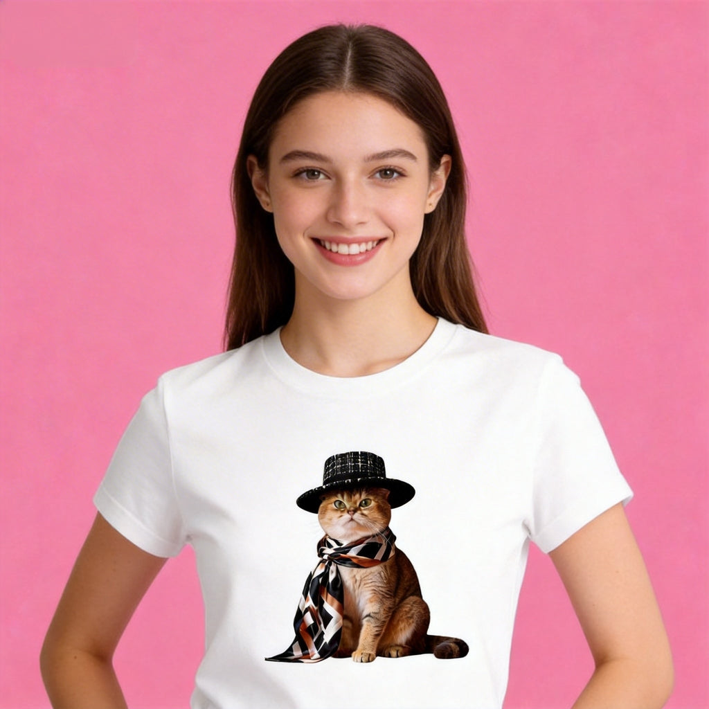 Woman wearing Sunny Brand gangster cat t-shirt, edgy cool cat graphic casual wear