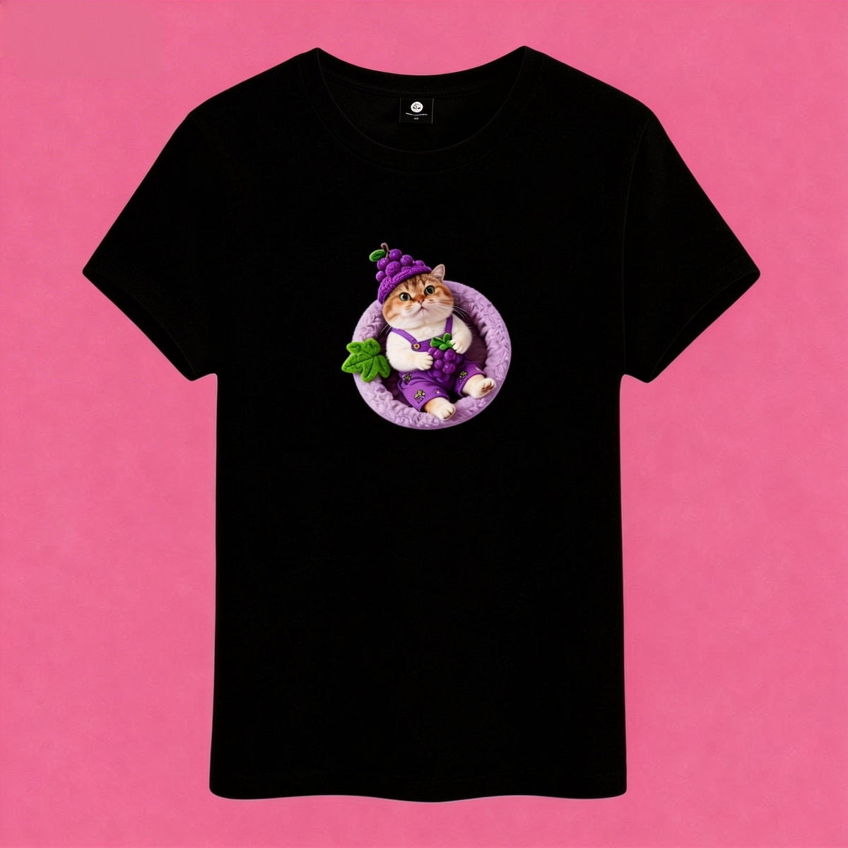 Sunny Brand t-shirt detail, close-up of cute gnome cat graphic black color
