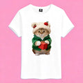 Sunny Brand gift cat t-shirt, front view of holiday cat with present print
