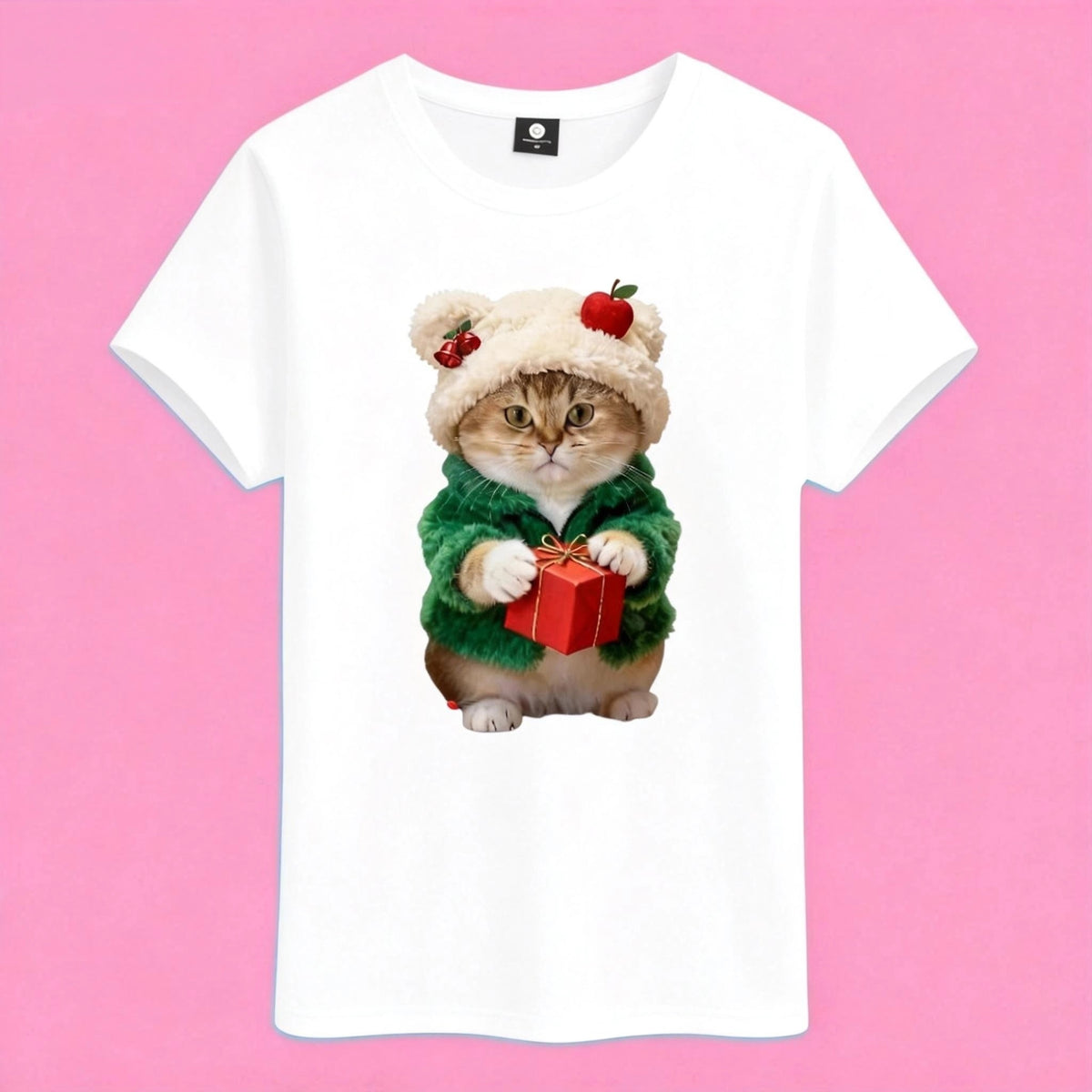 Sunny Brand gift cat t-shirt, front view of holiday cat with present print