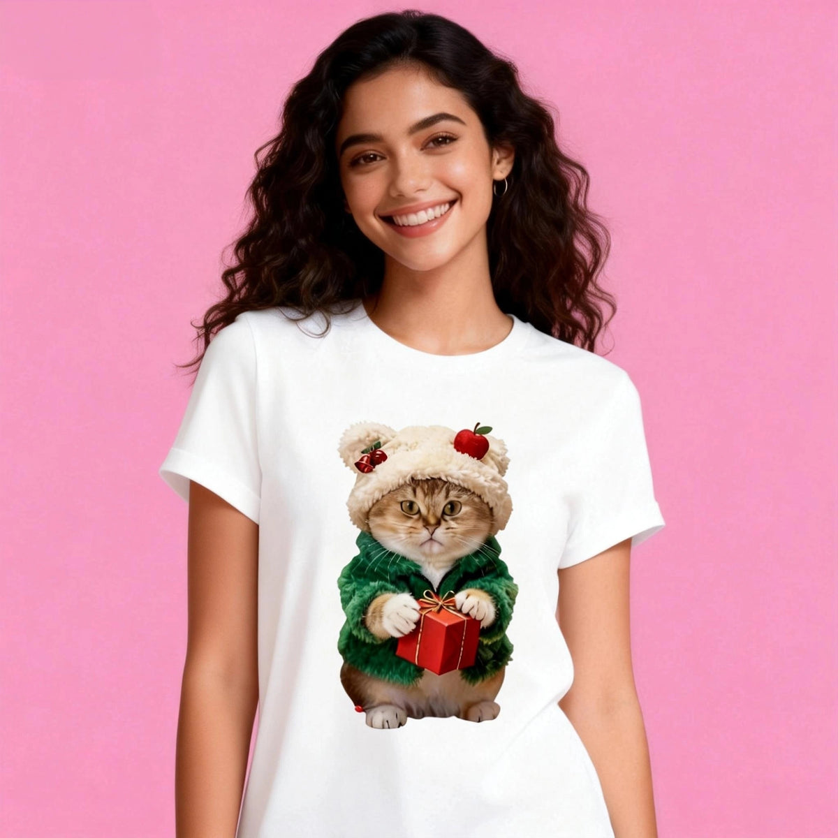 Woman wearing Sunny Brand gift cat t-shirt, festive holiday cat casual wear