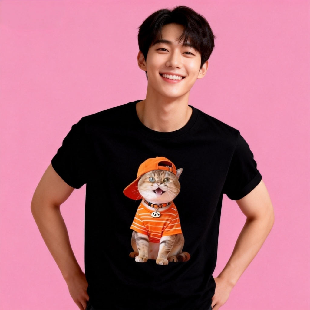 Sunny Brand orange theme cat t-shirt, stylish tabby cat print on black cotton tee