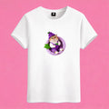 Sunny Brand gnome cat t-shirt, front view of purple outfit cat print