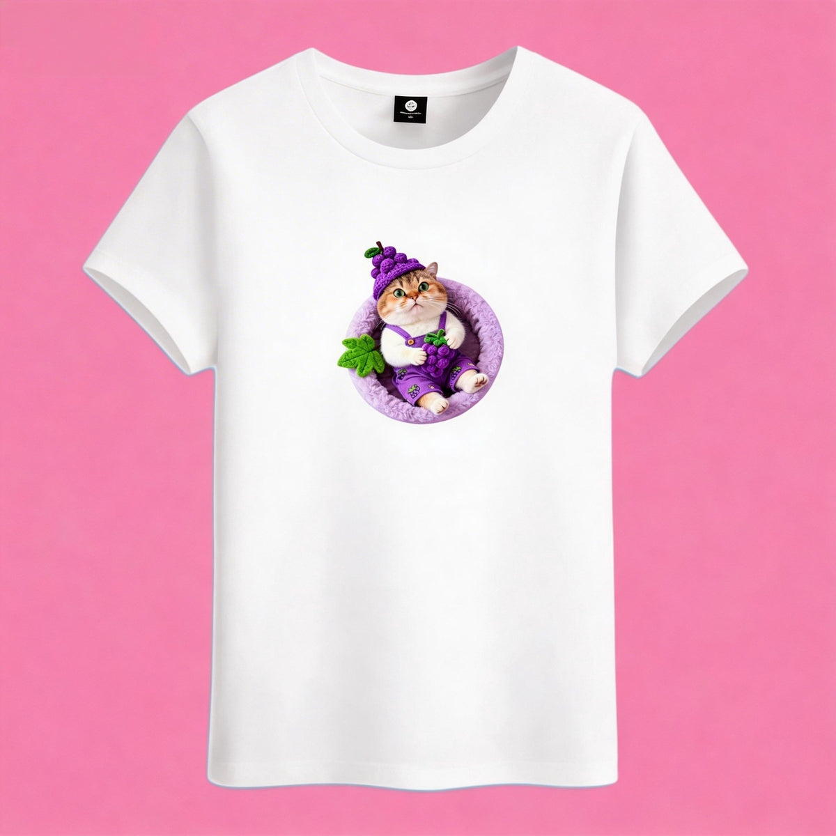 Sunny Brand gnome cat t-shirt, front view of purple outfit cat print