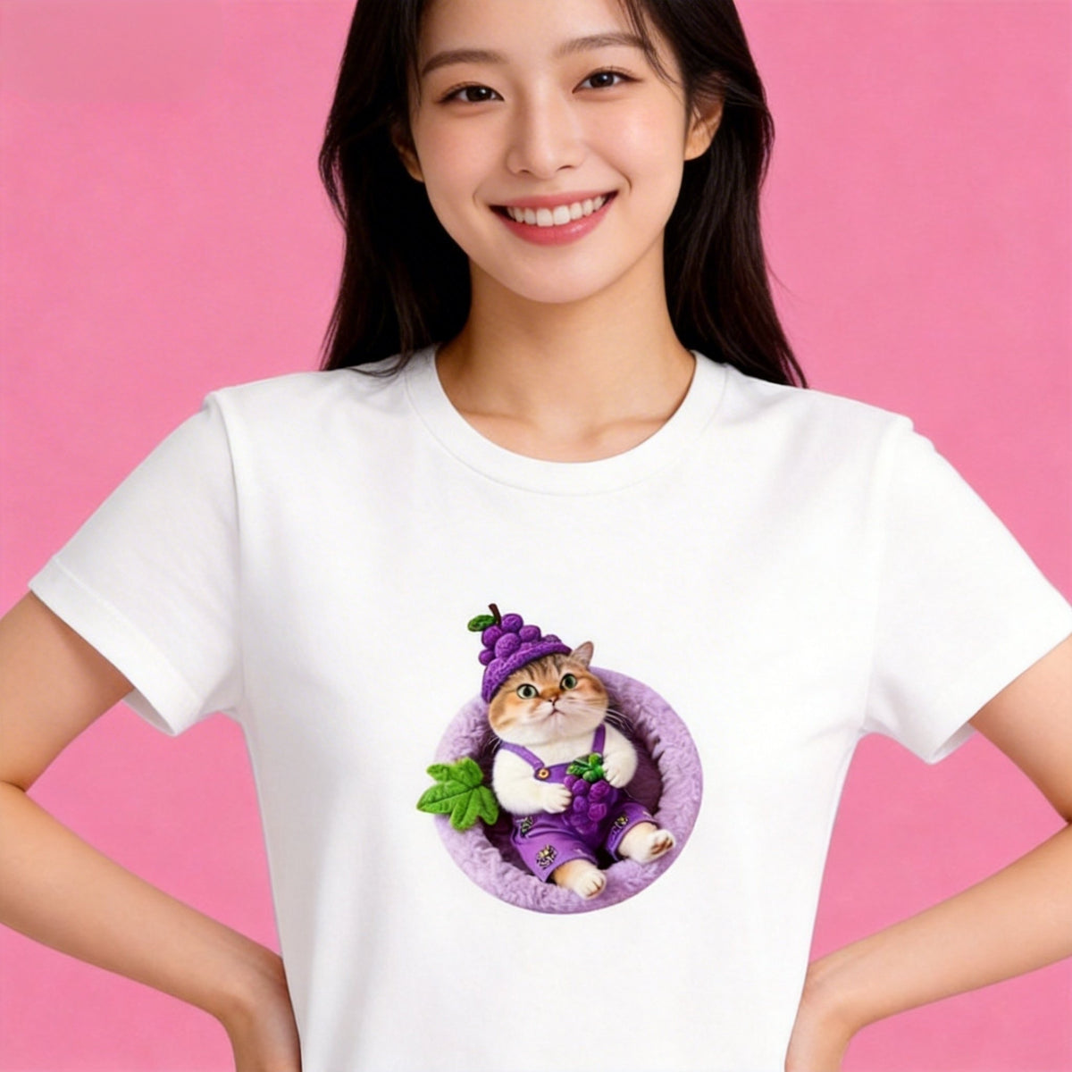 Woman wearing Sunny Brand gnome cat t-shirt, whimsical cute cat casual wear