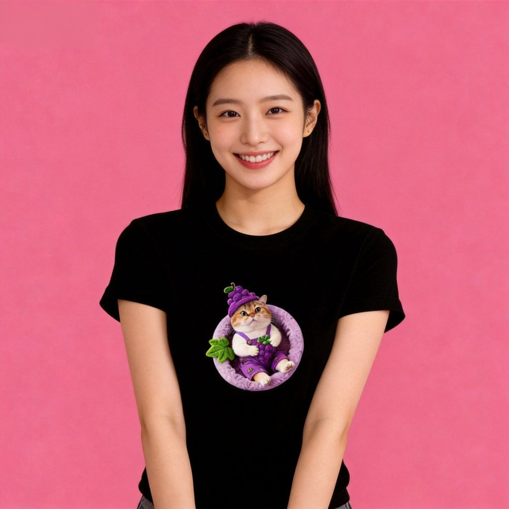 women wearing Sunny Brand gnome cat t-shirt, unisex fantasy cat cotton tee