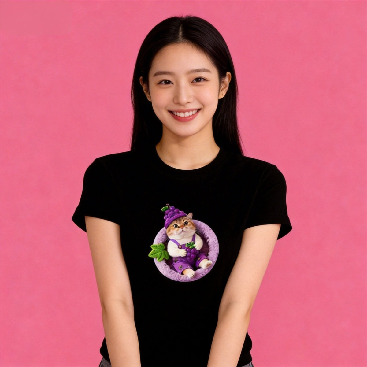 women wearing Sunny Brand gnome cat t-shirt, unisex fantasy cat cotton tee