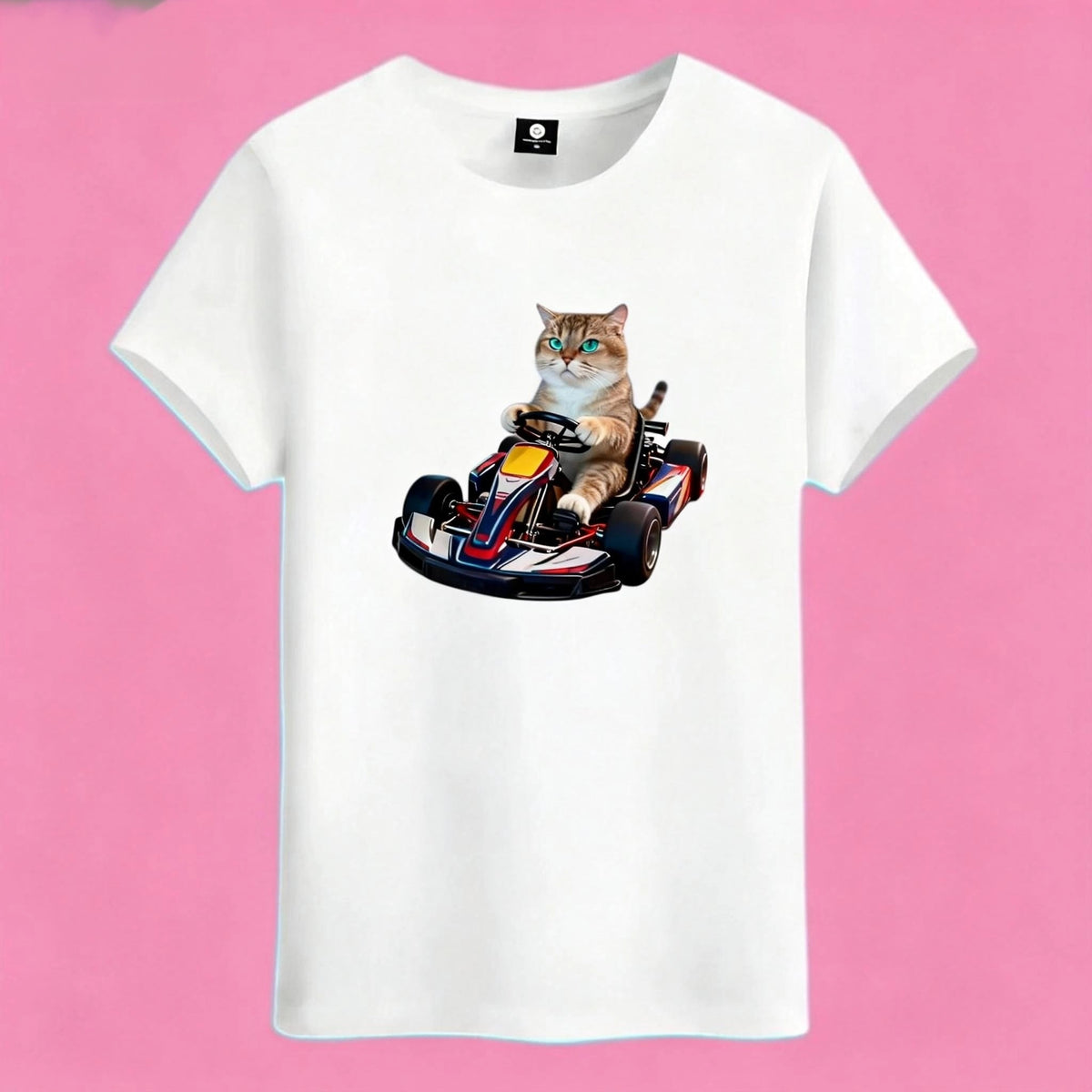 Sunny Brand go-kart cat t-shirt, front view of cat driving colorful go-kart printed on premium cotton tee