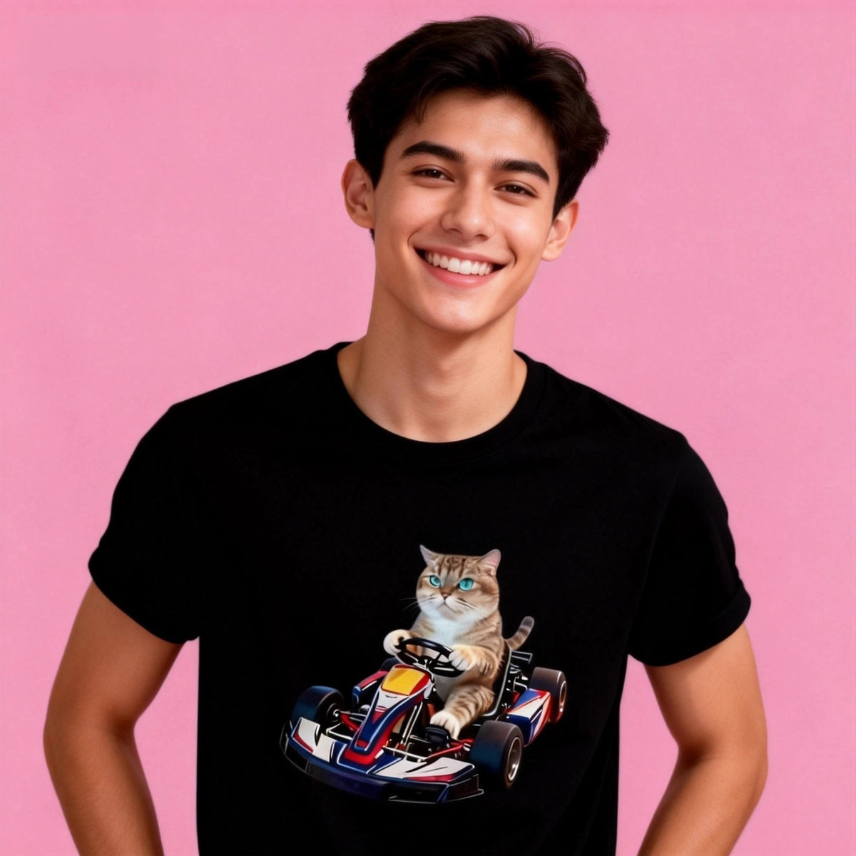 Man wearing Sunny Brand go-kart cat t-shirt, unisex premium cotton tee with playful racing cat graphic