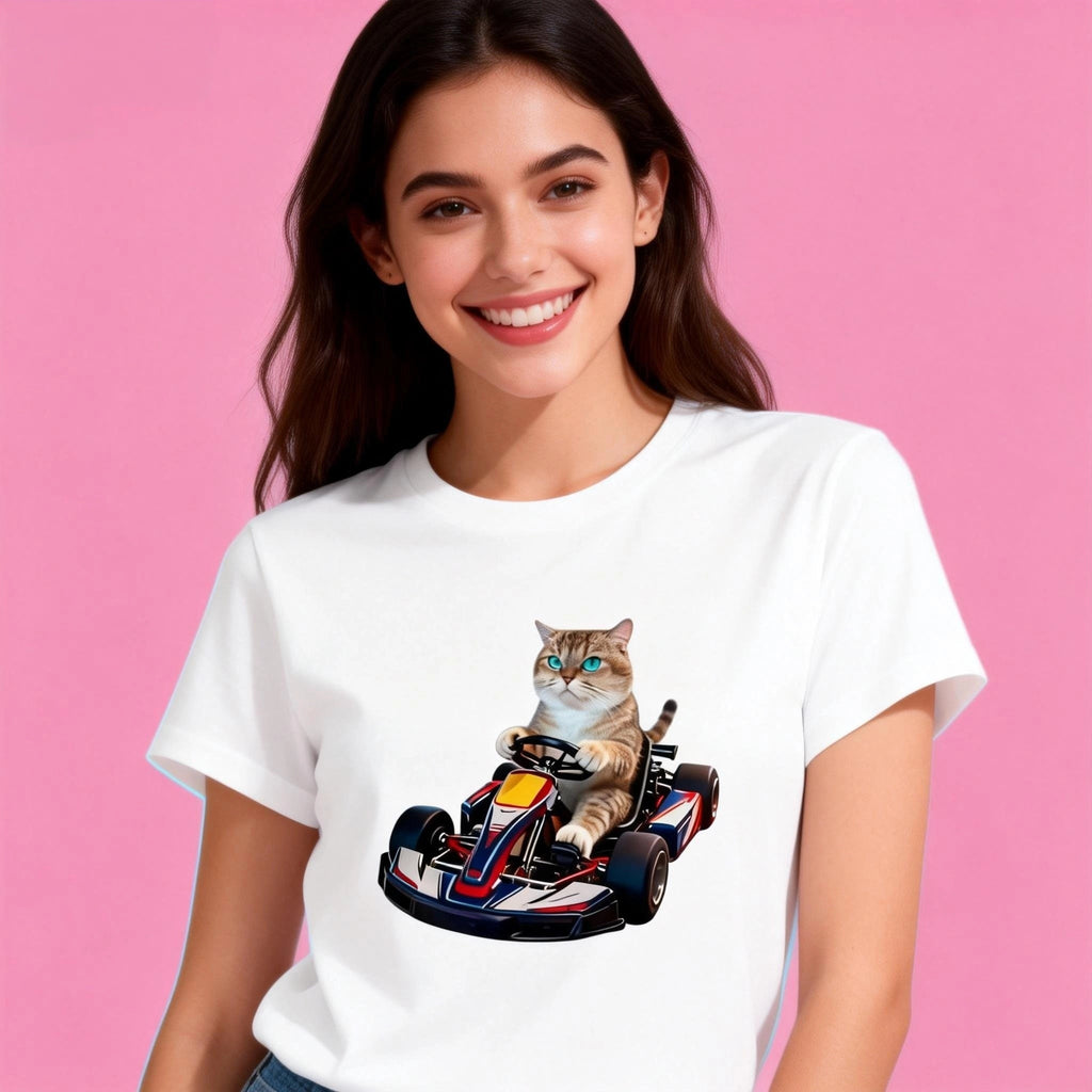 Woman wearing Sunny Brand go-kart cat t-shirt, playful outfit with racing cat graphic