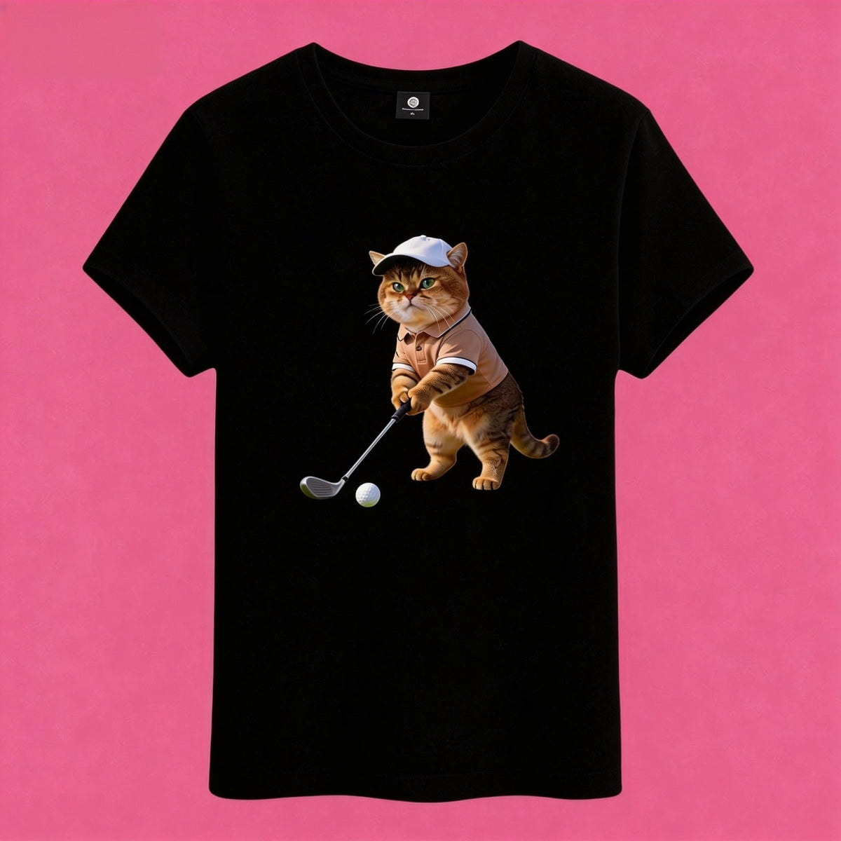 Sunny Brand t-shirt detail, close-up of dapper golfing cat graphic with cap and club