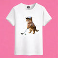 Sunny Brand golf cat t-shirt, front view of sporty cat swinging golf club printed on cotton tee
