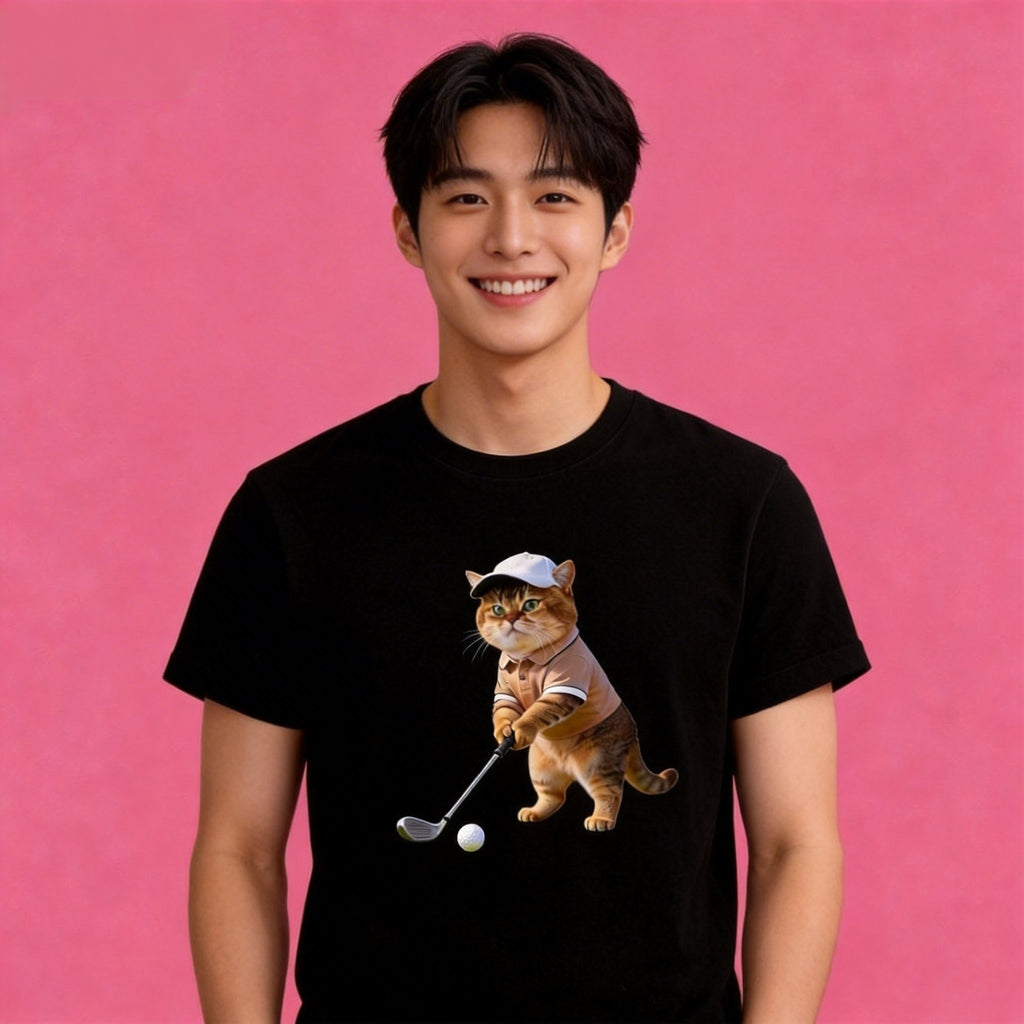Man wearing Sunny Brand golf cat t-shirt, unisex premium cotton sporty tee