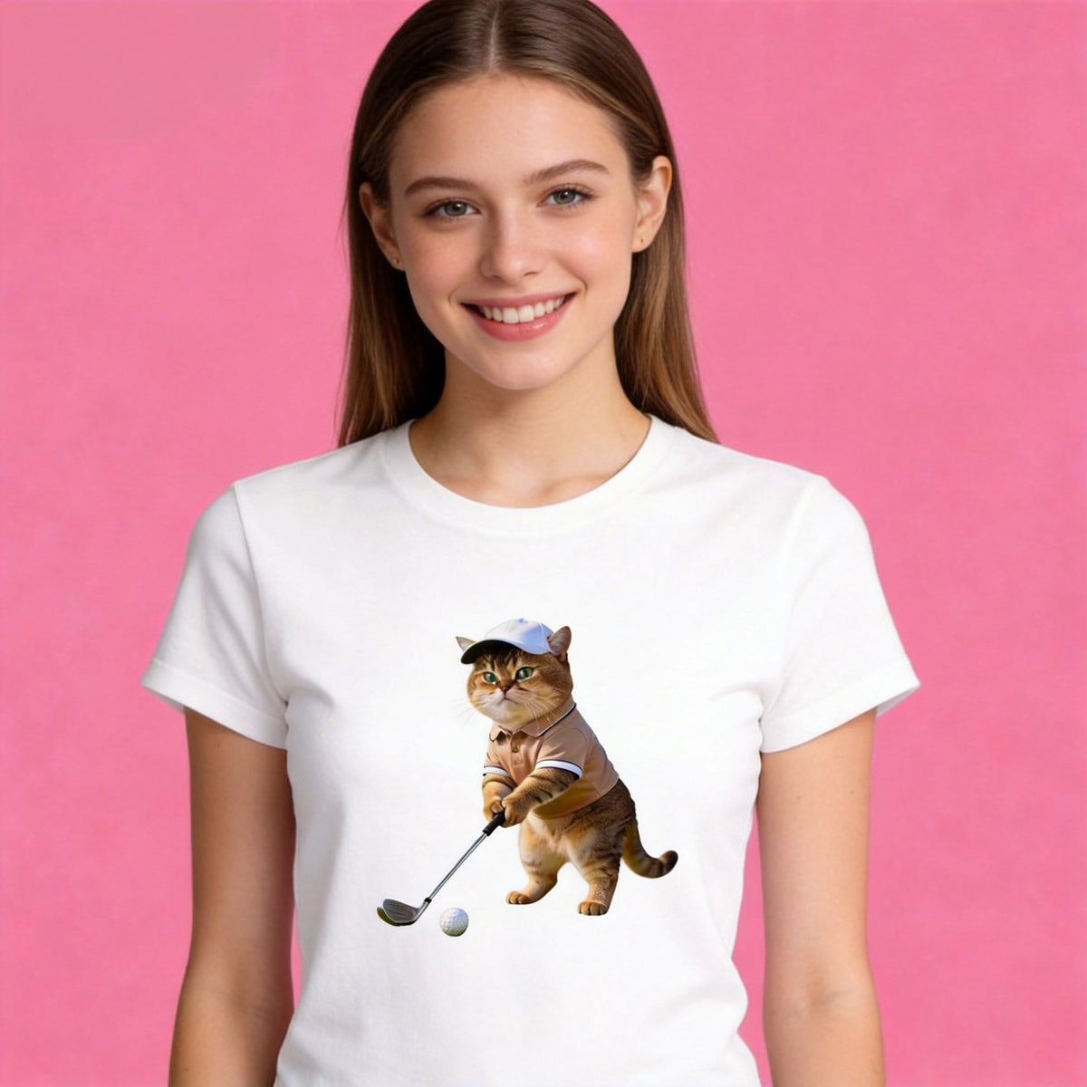 Woman wearing Sunny Brand golf cat t-shirt, sporty athletic cat graphic casual wear