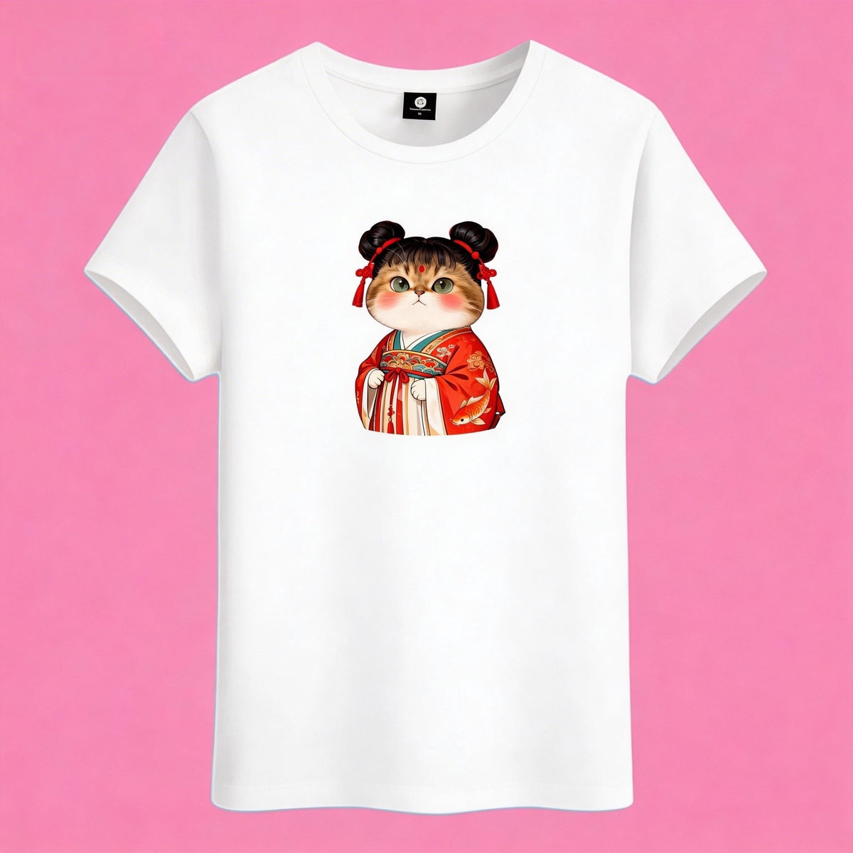 Sunny Brand hanfu cat t-shirt, front view of cat in red hanfu printed on heavy cotton tee