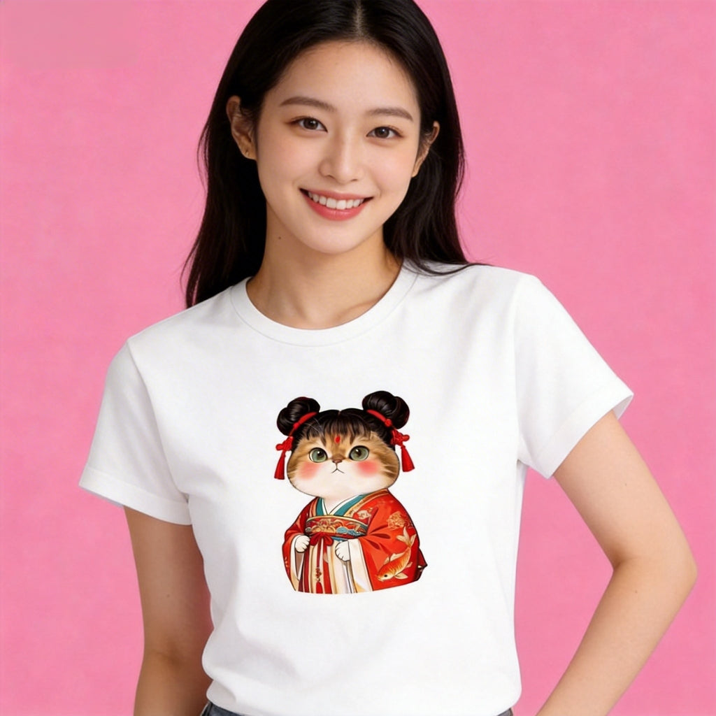 Woman wearing Sunny Brand hanfu cat t-shirt, elegant outfit with