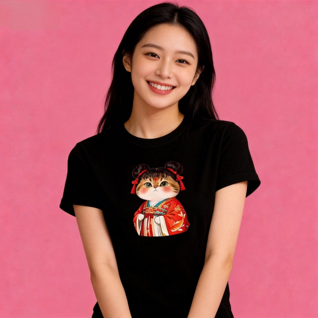Woman wearing Sunny Brand hanfu cat t-shirt, elegant outfit with red hanfu cat graphic