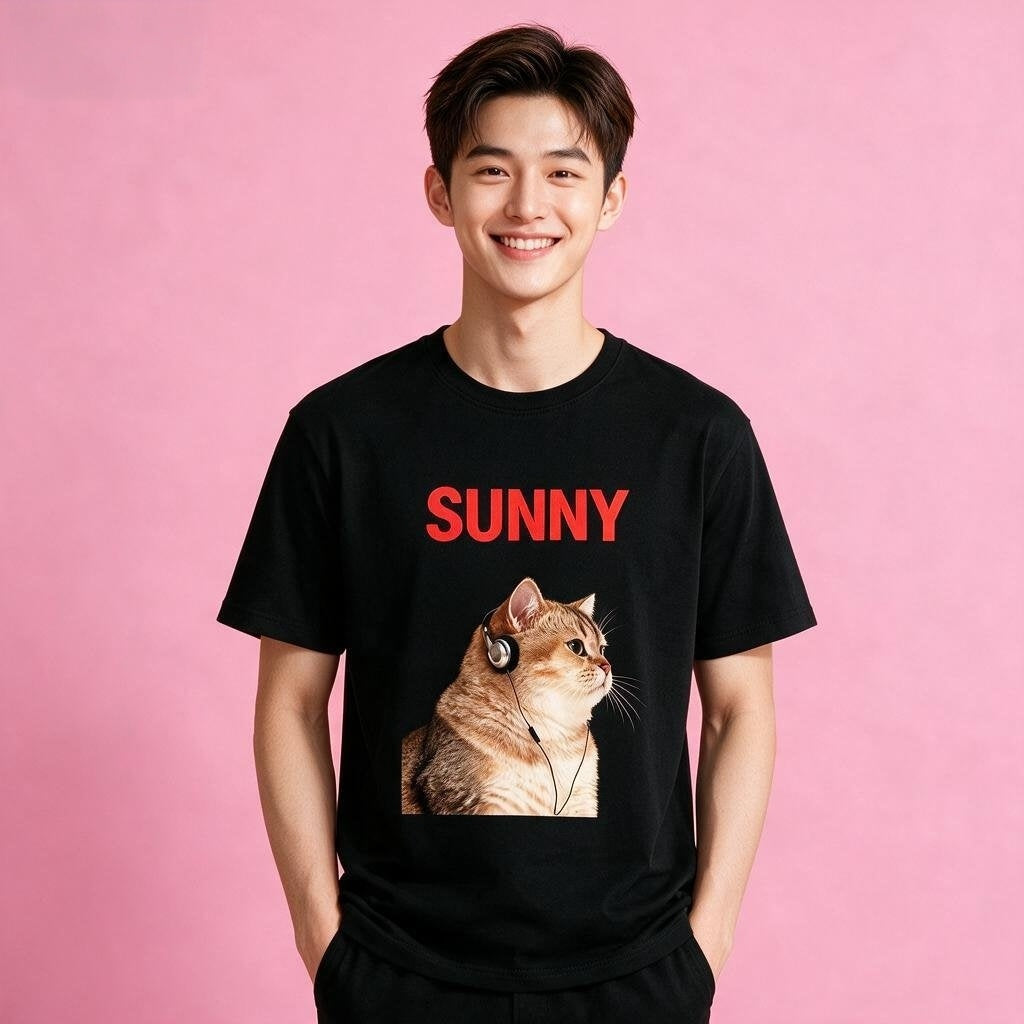 Man wearing Sunny Brand headphone orange cat t-shirt, unisex premium cotton trendy tee