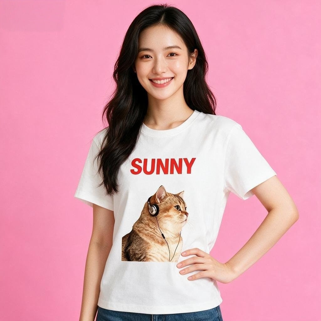 Woman wearing Sunny Brand headphone orange cat t-shirt, retro music cat graphic casual wear