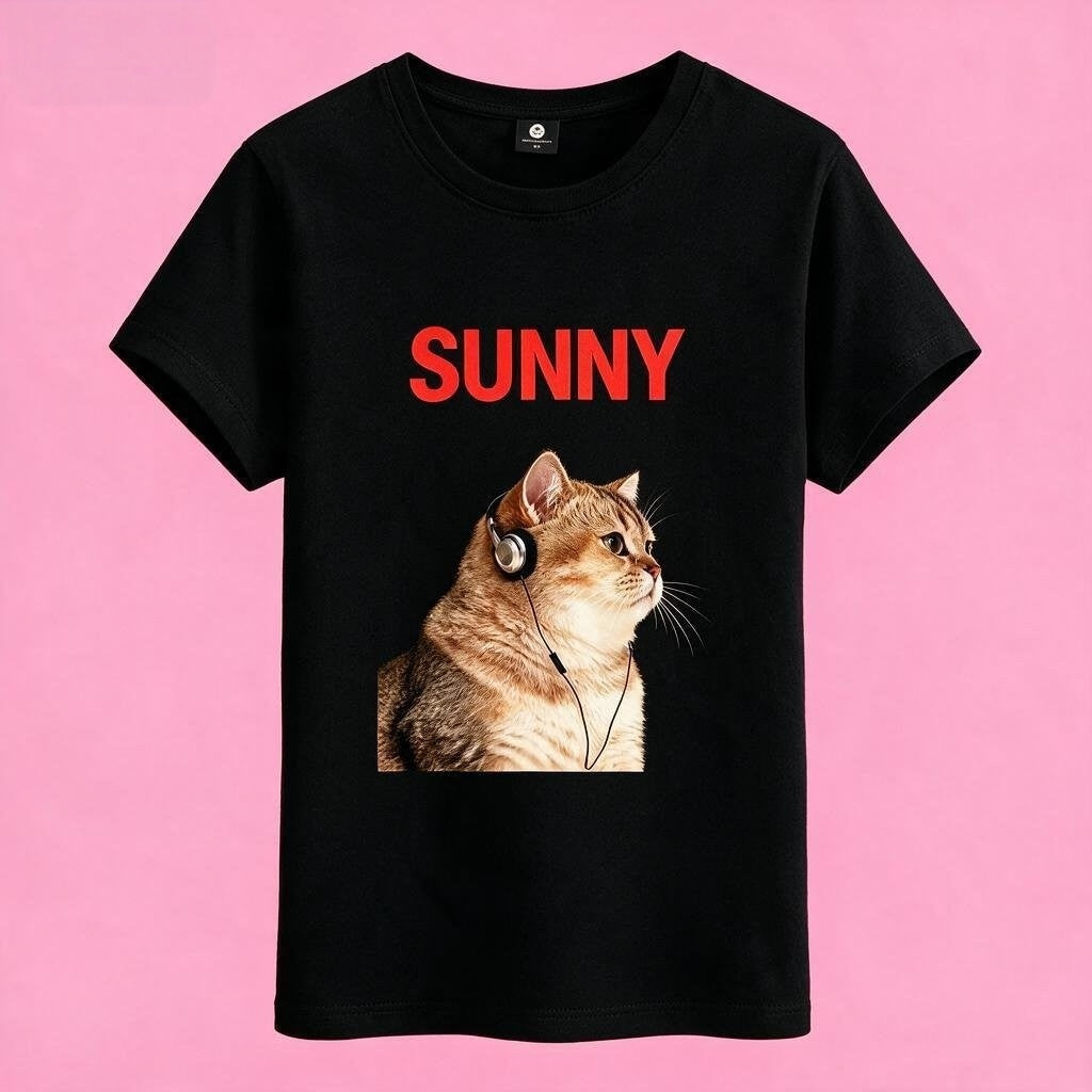 Sunny Brand t-shirt detail, close-up of retro music orange cat graphic with SUNNY lettering