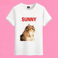 Sunny Brand headphone orange cat t-shirt, front view of tabby cat with vintage headphones and red SUNNY text printed on cotton tee