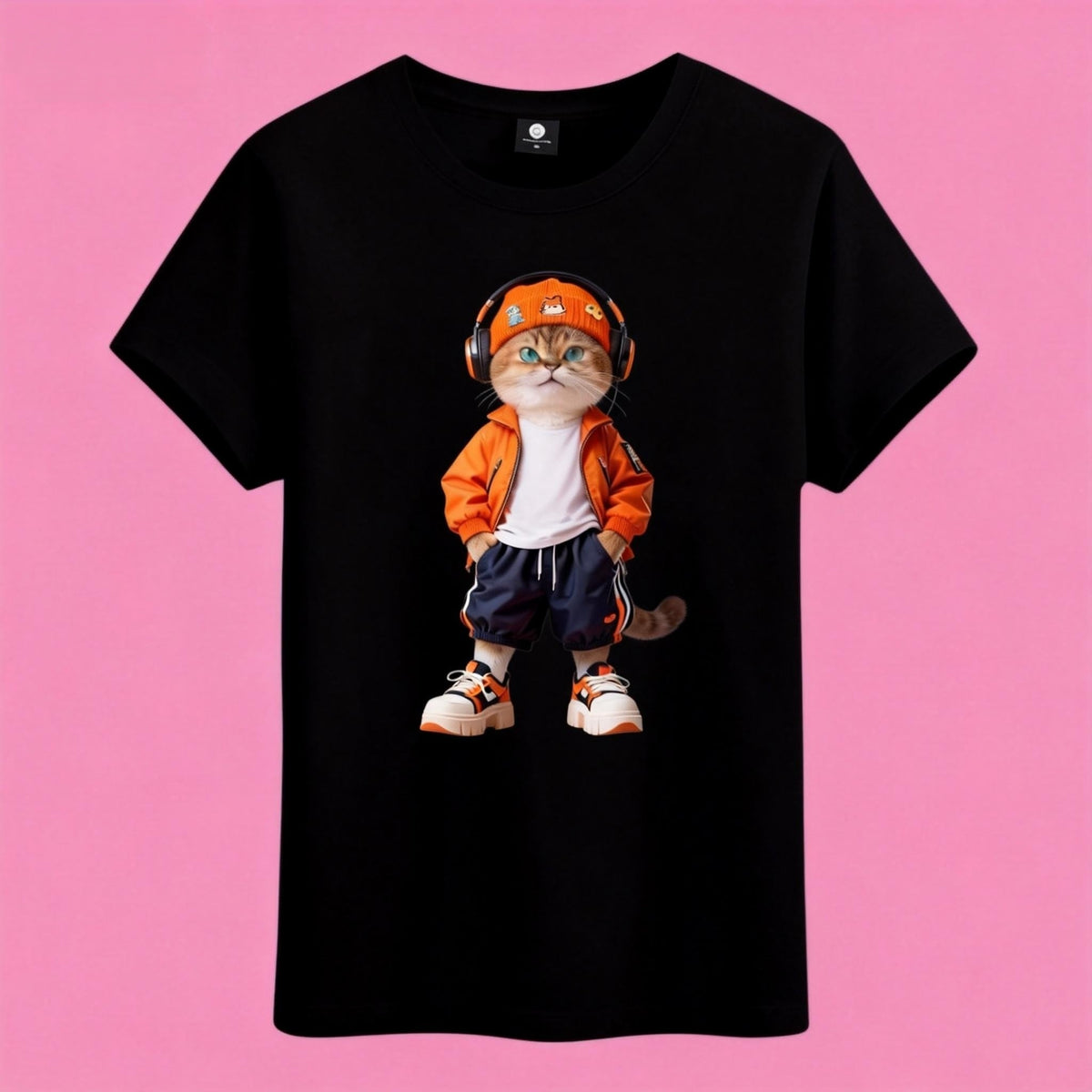 Sunny Brand t-shirt detail, print of bold streetwear cat graphic with headphones and chunky sneakers