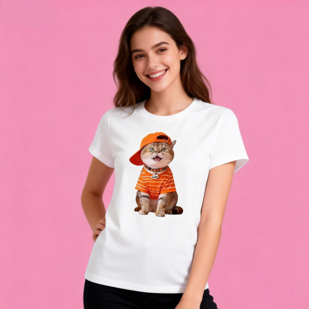 Sunny Brand unisex hiphop cat t-shirt, trendy orange striped cat design for streetwear