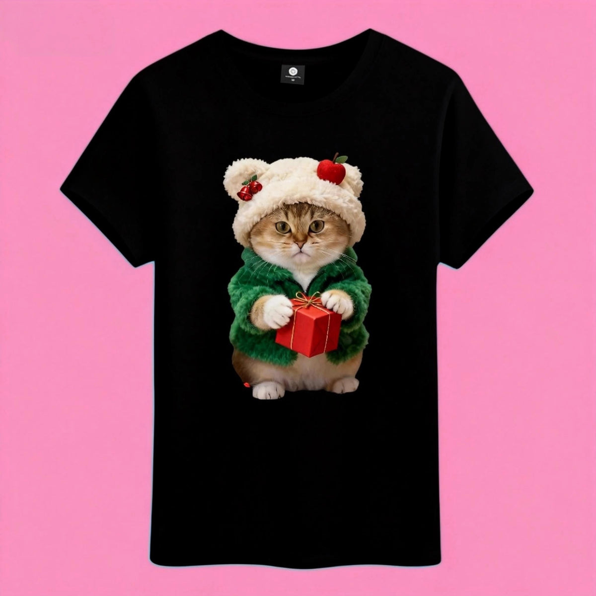 Sunny Brand t-shirt detail, close-up of cute gift cat graphic
