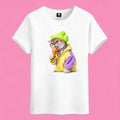 Sunny Brand ice cream cat t-shirt, front view of cat with green beanie printed on heavy cotton tee